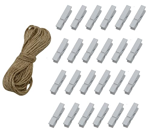 Wooden Clothes Pins, 100pcs 1.3Inch (3.5cm) White Small Wooden Chip Clips with 33 Feet Jute Twine for Bag Clips Clothespin Bag Clothes Pin Heavy Duty Outdoor(White) - color: White