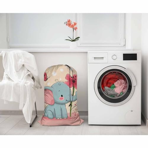Swono Lovely Elephant Laundry Bag Dirty Clothes Organizer Cute Baby Elephant Wearing Bow Animal Cartoon Flower Extra Large Heavy Duty for Camp Home Dorm Room Essentials for Men Women - color: Lovely Elephant
