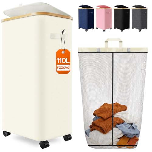 Laundry Basket with Wheels, 110L Large Rolling Laundry Hamper for Dorm - color: Beige, size: 110L