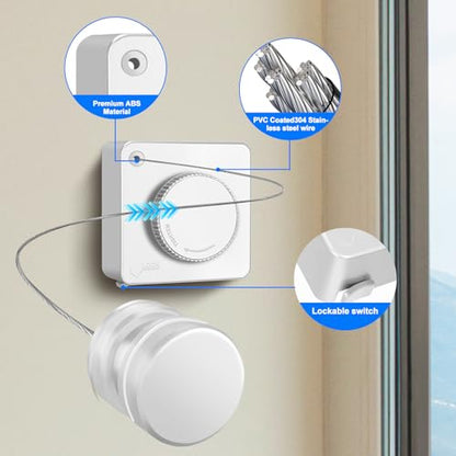 15.7Ft Retractable Clothesline Indoor is Also an Anti-sag Retractable Clothesline Outdoor,Stainless Steel Wire Laundry line Retractable for Drying Clothes ，with 12 Clip (White) - color: White