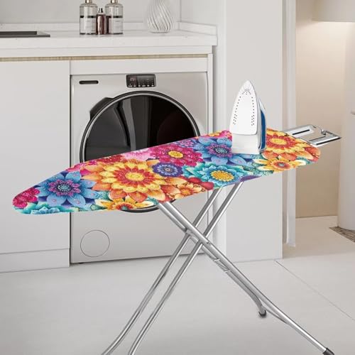 Colorful Flowers Ironing Board Cover Retro Dahlia Floral Iron Board Covers with Padding Fits All Standard Sizes, Scorch Resistant, Extra Thick with Elastic Edge - color: Colorful Dahlia