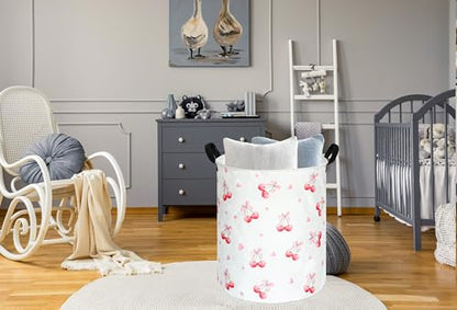 Cherry Print Round Laundry Hamper Storage Basket Bins Clothes Nursery Hamper for Home, Gift Storage Bins with Handles - color: Cherry