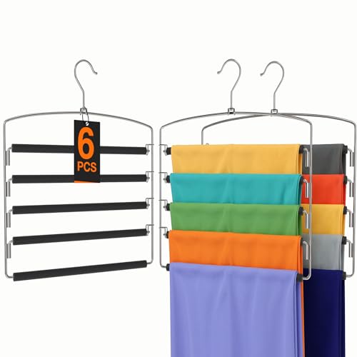 Korpai 6-Pack Pants Hangers Space-Saving Multi-Layer,150° Rotate Metal Swing Arm Non Slip Foam Padded,Closet Organizers and Storage 360 Swivel Top Hook for Jeans,Trouser,Slacks,Skirt,Scarfs,Towels ect
