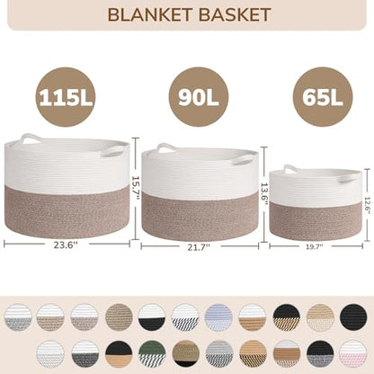INDRESSME 115L Extra Large Woven Rope Blanket Basket Living Room, Mix Black - color: Black & Mix Camel, size: 23.6"D x 15.7"H