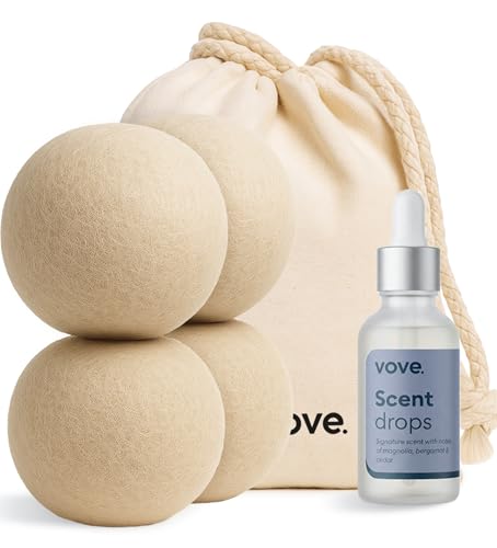 Vove Natural Hemp Dryer Balls Kit with Scent Drops - 4 Pack & Essential Oil Blend - 5X More Absorbent Than Wool - Natural Softener, Reduces Wrinkles and Static, Customizable Fresh Scent, Reusable - size: Dryer balls & Scent drops
