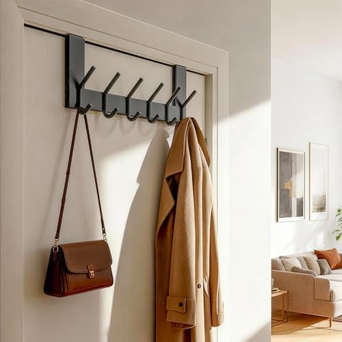 WEBI Over The Door Hooks Door Hanger:Over The Door Towel Rack with 6 Coat Hooks for Hanging,Towel Hanger Door Coat Hanger Door Coat Rack for Towels,Jacket,Clothes,Back of Bathroom,Black - color: Black, size: 1 Pack