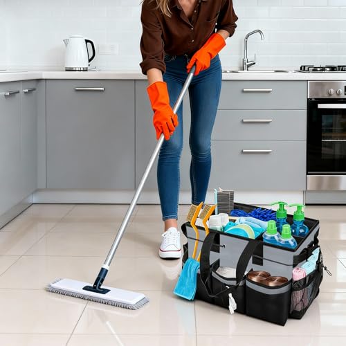 ALSLEA Large Cleaning Caddy Bag 15" x 10½" x 9" Heavy-Duty Organizer Tote for Home, Housekeepers, Janitors Cleaning Caddy for Cleaning Supplies with Shoulder Strap & Multiple Pockets (Gray) - color: Gray