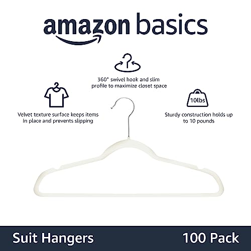 Amazon Basics Slim Velvet Non-Slip Space Saving Suit Clothes Hangers for Closet Organization, Ivory/Beige, 100-Pack - color: Ivory/Beige, size: Pack of 100