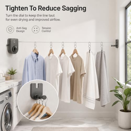 Retractable Clothesline with Adjustable Tension, 13.7 Ft Anti-sag Laundry Line, Wall Mount Drying Clothes Line with Telescopic Rod, Heavy Duty Clothes Drying Line for Indoor Outdoor Use