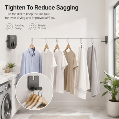 Retractable Clothesline with Adjustable Tension, 13.7 Ft Anti-sag Laundry Line, Wall Mount Drying Clothes Line with Telescopic Rod, Heavy Duty Clothes Drying Line for Indoor Outdoor Use