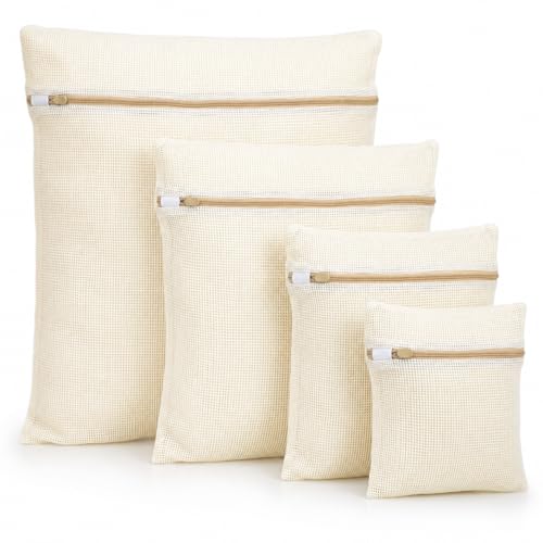 IMIKEYA Mesh Laundry Bags for Delicates, 4 Pack Cotton Zippered Wash Bags in 4 Sizes for Bras, Underwear, Socks, Sweaters, Baby Clothes, Travel and Dorm Organization - color: Beige