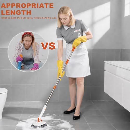 Tile Tub Scrubber Brush with 52-inch Adjustable Long Handle 3-in-1 Rotatable Shower Brush for Cleaning，3 Different Replacement Brush Heads for Cleaning Tub Tile Bathroom Kitchen Walls ，Orange