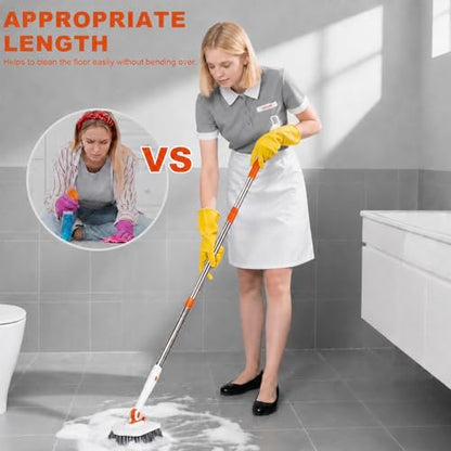 Tile Tub Scrubber Brush with 52-inch Adjustable Long Handle 3-in-1 Rotatable Shower Brush for Cleaning，3 Different Replacement Brush Heads for Cleaning Tub Tile Bathroom Kitchen Walls ，Orange