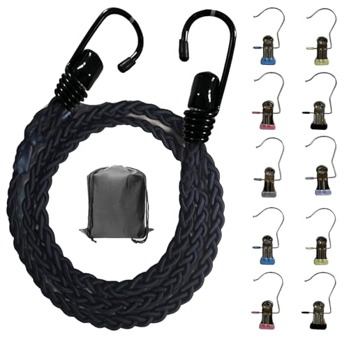 Universal Tri-Braided Cord Drying Clothesline, Retractable Portable Clothesline for Travelling or Camping. Laundry Drying Clothesline with Non-Slip Hook Clips for Indoor and Outdoor use