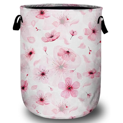 Watercolor Cherry Blossom Laundry Basket, Foldable Pink Flower Laundry Hamper Tote Bag Dirty Clothes Storage Bucket Organizer for Bathroom/Laundry/Bedroom 15.7"x19.6" - color: Watercolor Cherry Blossom