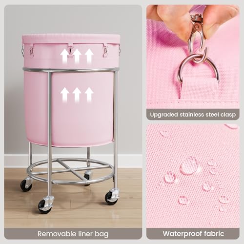 ELYKEN Laundry Basket with Wheels, Round Rolling Laundry Hamper, Pink - color: Pink, size: 190L