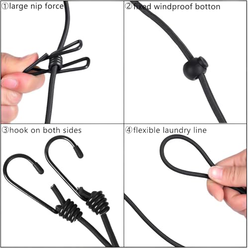 1 Pack Portable Clothesline with 12 Clothespins, Travel Clothesline Stretchy Retractable Elastic Laundry Clothes Line for Backyard, Vacation Hotel, Balcony Clothes Drying Line (Black) - style: Black