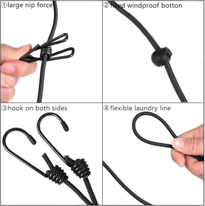 1 Pack Portable Clothesline with 12 Clothespins, Travel Clothesline Stretchy Retractable Elastic Laundry Clothes Line for Backyard, Vacation Hotel, Balcony Clothes Drying Line (Black) - style: Black