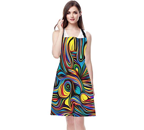 EKOBLA Abstract Pattern Aprons Colorful Wavy Lines Modern Art Bright Curl Wave Waterproof Resistant Chef Cooking Kitchen BBQ Adjustable Aprons for Women Men 27x31 Inch - color: Multi-a121