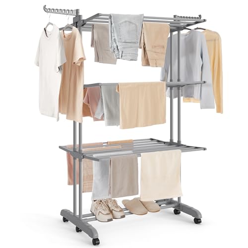 SONGMICS 4-Tier Clothes Drying Rack, Foldable, Rolling, 67.9-Inch Tall - color: Dove Gray, style: 4-Tier + Foldable