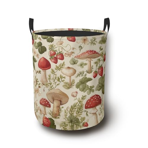 Mushroom Strawberry Laundry Basket,Plants Leaf Foldable Oxford Cloth Laundry Hamper with Handles Waterproof Dirty Clothes Storage Basket for Bathroom Bedroom Dorm Room 16" x 20.8" - color: Mushroom Strawberry Plants Leaf