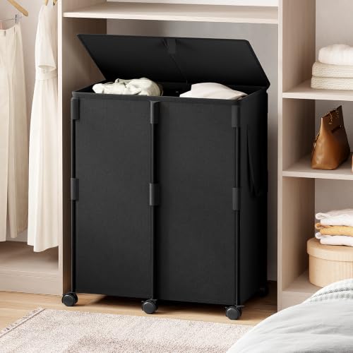160L Double Laundry Hamper with Lid and 6 Wheels, Rolling Laundry Basket - color: Black, size: 160L(24.8"L x 14.2"W x 29.92"H)