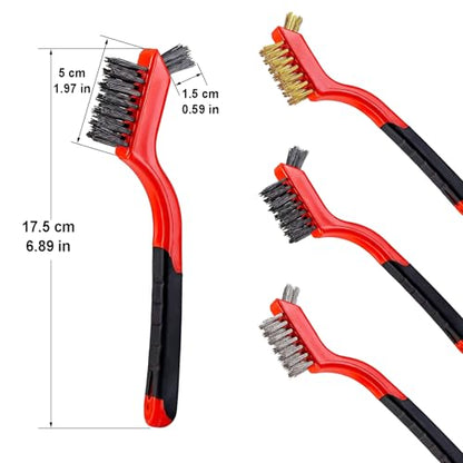 YiwerDer 6Pcs Mini Wire Brush Set, Stainless Steel/Brass/Nylon Bristles Wire Brushes, Curved Handle Soft Grip for Rust, Dirt & Paint Scrubbing with Deep Cleaning – 7 Inches (Red) - style: 6Pcs Red Mixed Brushed