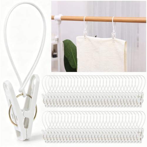 60 Pack Multi-Purpose Clothes Peg Clips with Plastic Rope, Windproof Laundry Hanging Clips for Baby Clothes Socks Pants Underwear Towel, Closet Storage Organizer for Home Bathroom Drying (White) - color: White