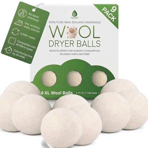 Pursonic XL Laundry Wool Dryer Balls Made with 100% Pure New Zealand Wool - Natural Reusable Fabric Softener Balls for Drying Time & Energy Consumption - Reduces Clothing Wrinkles & Lint - Set of 9 - size: 1 Count (Pack of 9)