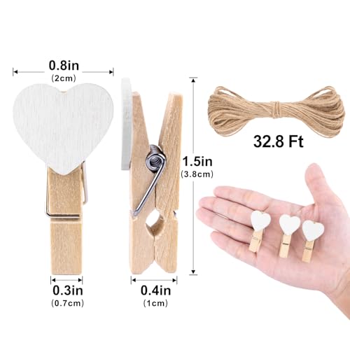 jijAcraft Clothespins with String - 50Pcs Mini Wooden Clothes Pins with Heart, White Heart Clips, 1.4Inch Small Photo Craft Clip for Baby Shower, Wedding, Birthday - color: White