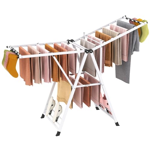 GIANTEX Foldable Metal Clothes Drying Rack, 64" Height Adjustable Wings - color: White, size: 64"L x 39"-62"H
