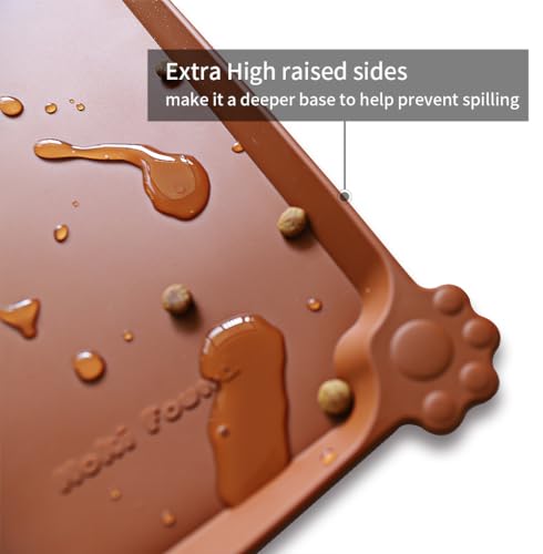 Hoki Found Silicone Pet Food Tray - Non Slip Pet Dog Bowl Mats - Cat Waterproof Mat for Carpet - Caramel - color: Caramel, size: 19" x 12"