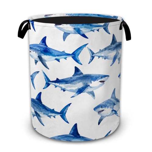 Watercolor Shark Large Laundry Hamper, Collapsible Oxford Clothes Basket with Handles, Freestanding Dirty Clothes Organizer for Bedroom Bathroom Dorm Laundry Room, 16 x 20.8 Inch - color: Watercolor Shark
