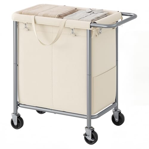 SONGMICS HOME Rolling Laundry Basket with 2 Compartments, 37-Gallon Laundry Hamper with Wheels, Removable Liner, White - color: White, style: 140 L (2-Section)