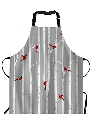 EKOBLA Birds In Birch Aprons Animal Trees Nature Red White Grey Waterproof Resistant Chef Cooking Kitchen BBQ Adjustable Aprons for Women Men 27x31 Inch - color: Multi-a106