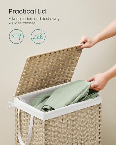 SONGMICS Laundry Hamper with Lid, 23.8 Gal (90 L) Synthetic Rattan,Foldable - color: Summer Sand, size: 90 L