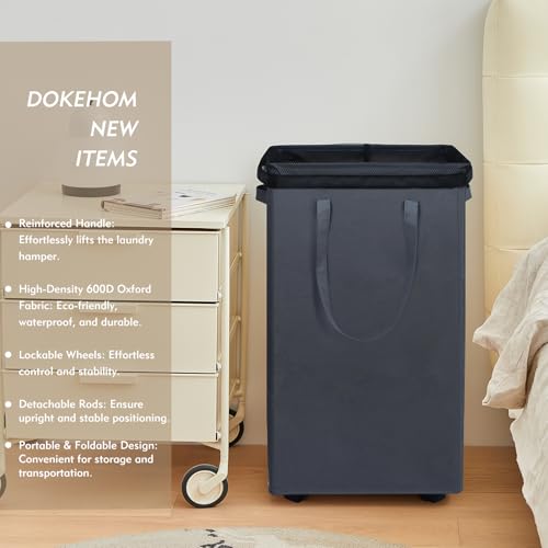 DOKEHOM 90L X-Large Rolling Laundry Basket Hamper on Wheels, Grey - color: Grey, size: X-Large Pro 29"
