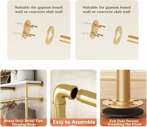 HOMEKAYT Industrial Pipe Clothes Rack with Shelves, Gold Clothing Rack Wall Mounted Heavy Duty Multi-Purpose Storage Clothes Hanging Shelf - 70.8''L Gold - color: gold, size: 70.8''L-B