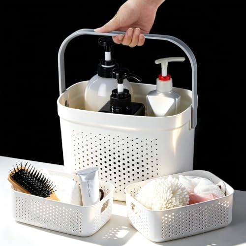 LivLab Mker Portable Shower Caddy, Cleaning Supply Organizer with Handle, College Dorm Room Essentials, Camping Tote Basket - Bathroom Storage Organizer, White Grey