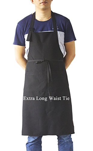 Black Professional Resist Water Adjustable Extra Long Bib Apron 3 Pockets Home Kitchen Garden Restaurant Cafe Bar Pub Bakery for Cooking Chef Baker Servers Craft Unisex - color: Black