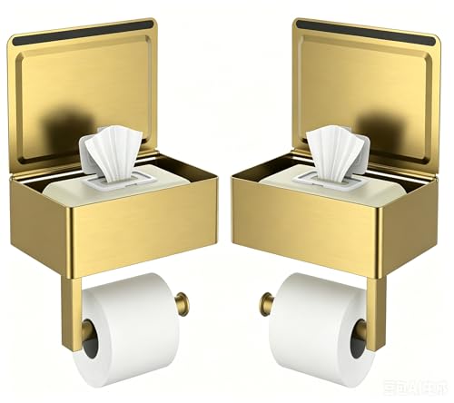 FORIOUS Toilet Paper Holder with Shelf, Wall-Mounted Modern Wipes Dispenser - color: Brushed Gold, size: Big 2 Pack-8" (L)