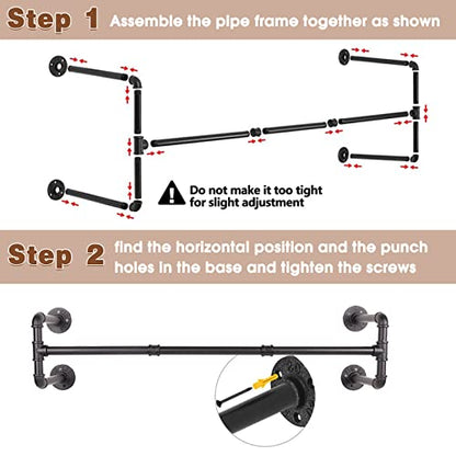 Wall Mounted Clothes Rack - 54" Industrial Pipe Clothing Garment Rack, Space-Saving Heavy Duty Detachable Black Iron Clothes Hanger Pole, Multi-Purpose Hanging Rod for Closet Storage, 4 Base - size: Black 54" x1 pcs(4Base)