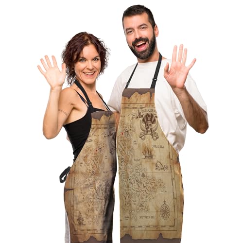 Baking Apron for Women Pirate Treasure Map Fun Aprons for Men for Kitchen Cooking Restaurant BBQ Painting Crafting 27” (W) x 31” (H), Waterproof Aprons - color: Pirate Treasure Map