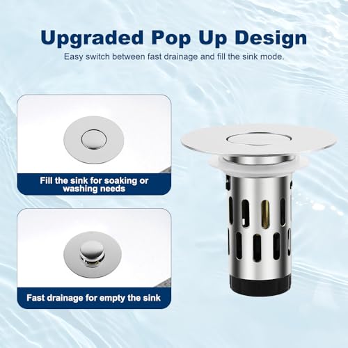 ZM Bathroom Sink Stopper, 3-in-1 Pop Up Drain Plug with Stainless Steel Hair Catcher, Sink Drain Strainer for 1.1–1.45 Inch Drain Holes, Tool-Free Installation, Chrome
