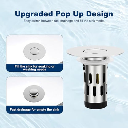 ZM Bathroom Sink Stopper, 3-in-1 Pop Up Drain Plug with Stainless Steel Hair Catcher, Sink Drain Strainer for 1.1–1.45 Inch Drain Holes, Tool-Free Installation, Chrome