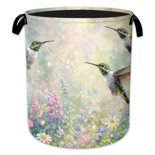 Hummingbird Garden Laundry Basket, Foldable Oxford Cloth Wildflowers Laundry Hamper with Handles, Tote Bag Clothes Storage Bucket for Laundry Room/Bathroom/Bedroom/Dormitories 20.8"x16" - color: Hummingbird Garden