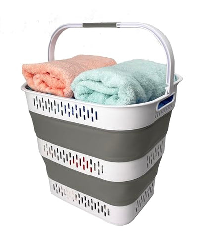 SAMMART 38L(10 Gal) Collapsible Laundry Basket - Foldable Pop-Up Storage Container/Organizer-Portable Space Saving Hamper, Measure 17.5x13.3x15.7/3.8" Expanded/Collapsed (1, White/Grey) - color: White/Grey