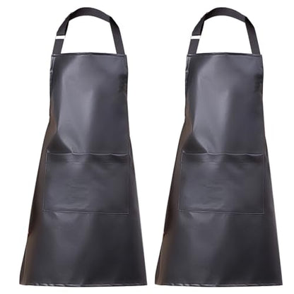 eywlwaar PU Waterproof Apron with One Big Pocket Adjustable Oil Proof Apron for Kitchen Dishwashing Cooking 29.92"x 26.77" - color: Black-2packs
