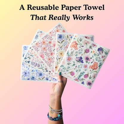 Palm & Peace Swedish Dishcloths for Kitchen - 5 Pack - Reusable Paper Towels - Super Absorbent, Non-Scratch, Washable, Sustainable, 100% Compostable Cleaning Cloths (Wildflowers) - color: Wildflowers