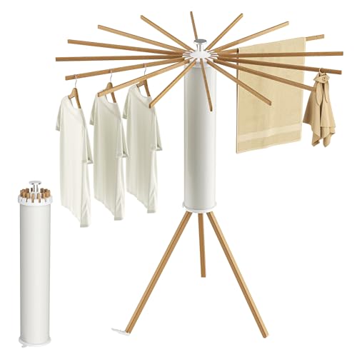 SUNOUTLY Tripod Clothes Drying Rack, Garment Rack Portable and Foldable Space Saving Laundry Drying Rack - Dryer Rack Clothing Floor Folding Balcony Bedroom Household (Beige(Wood), 16 rods) - color: Beige, size: 3 Legs - 16 Rods